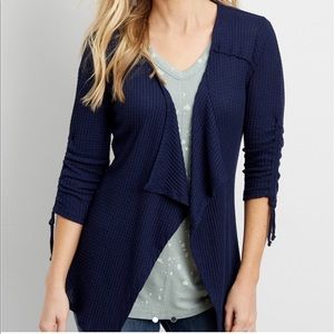 Waffle Knit Drape Front Cardigan Cinched Sleeves